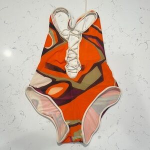 Orange Abstract Print Lace-Up One-Piece Swimsuit Vintage